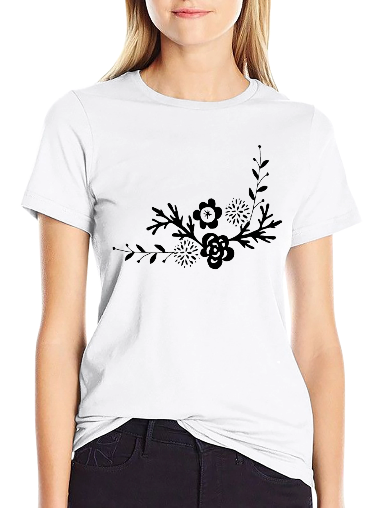 Elegant Floral Graphic Black T-Shirt