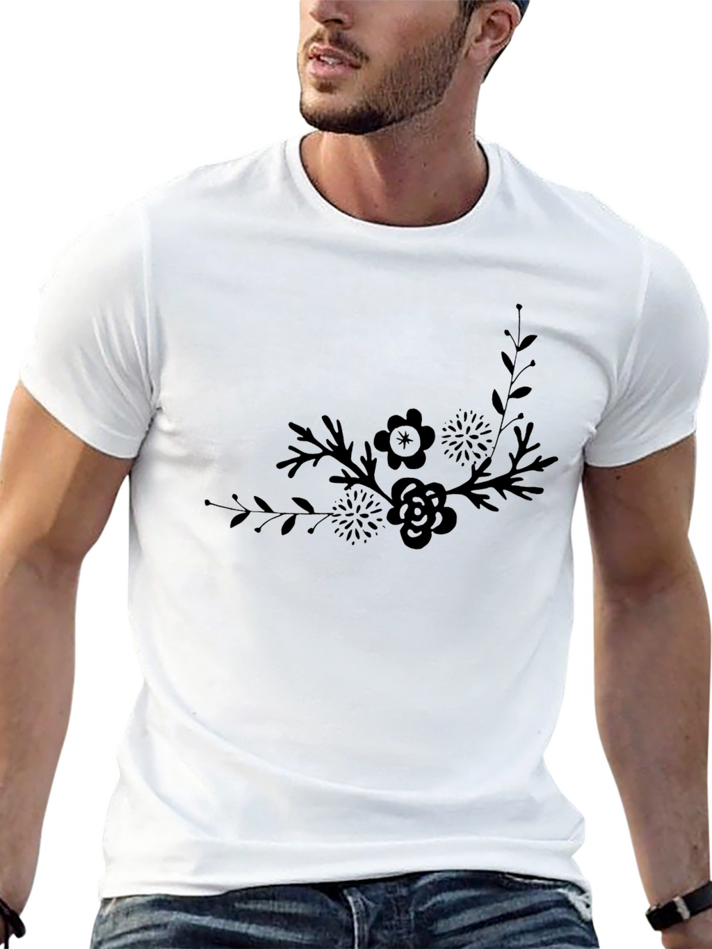 Elegant Floral Graphic Black T-Shirt