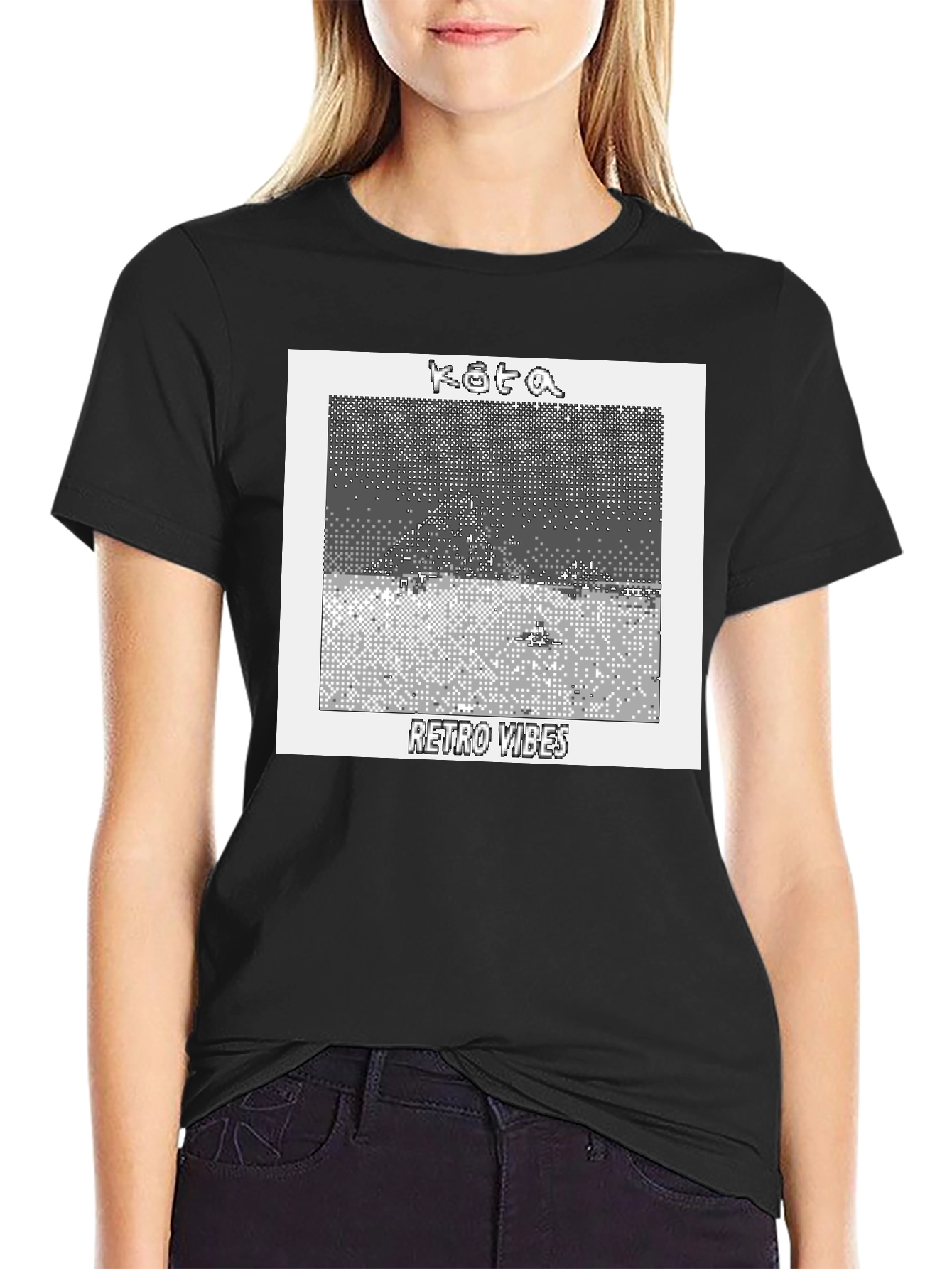 Retro Vibes Graphic Tee - Kota Pixel Art Black T-Shirt