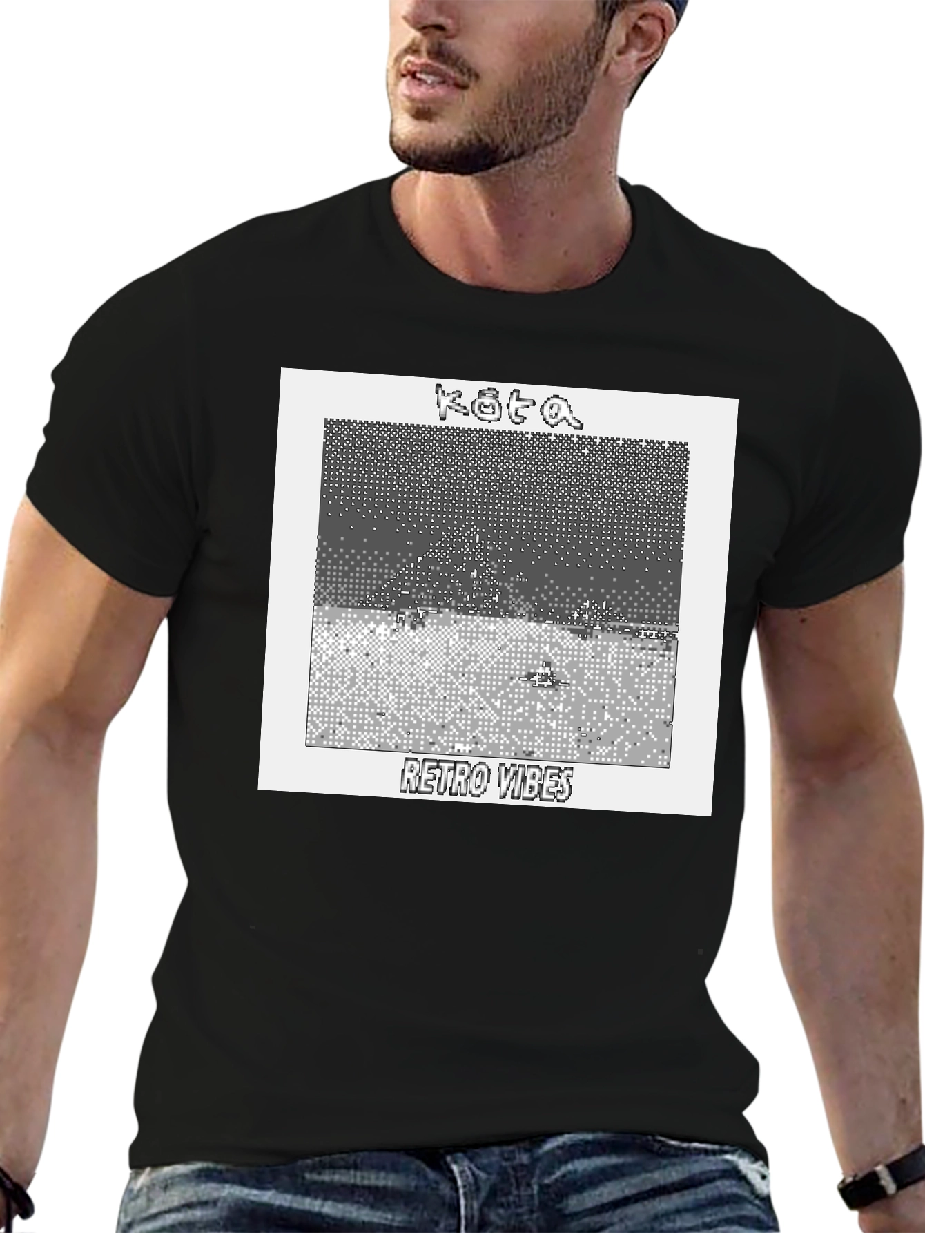 Retro Vibes Graphic Tee - Kota Pixel Art Black T-Shirt