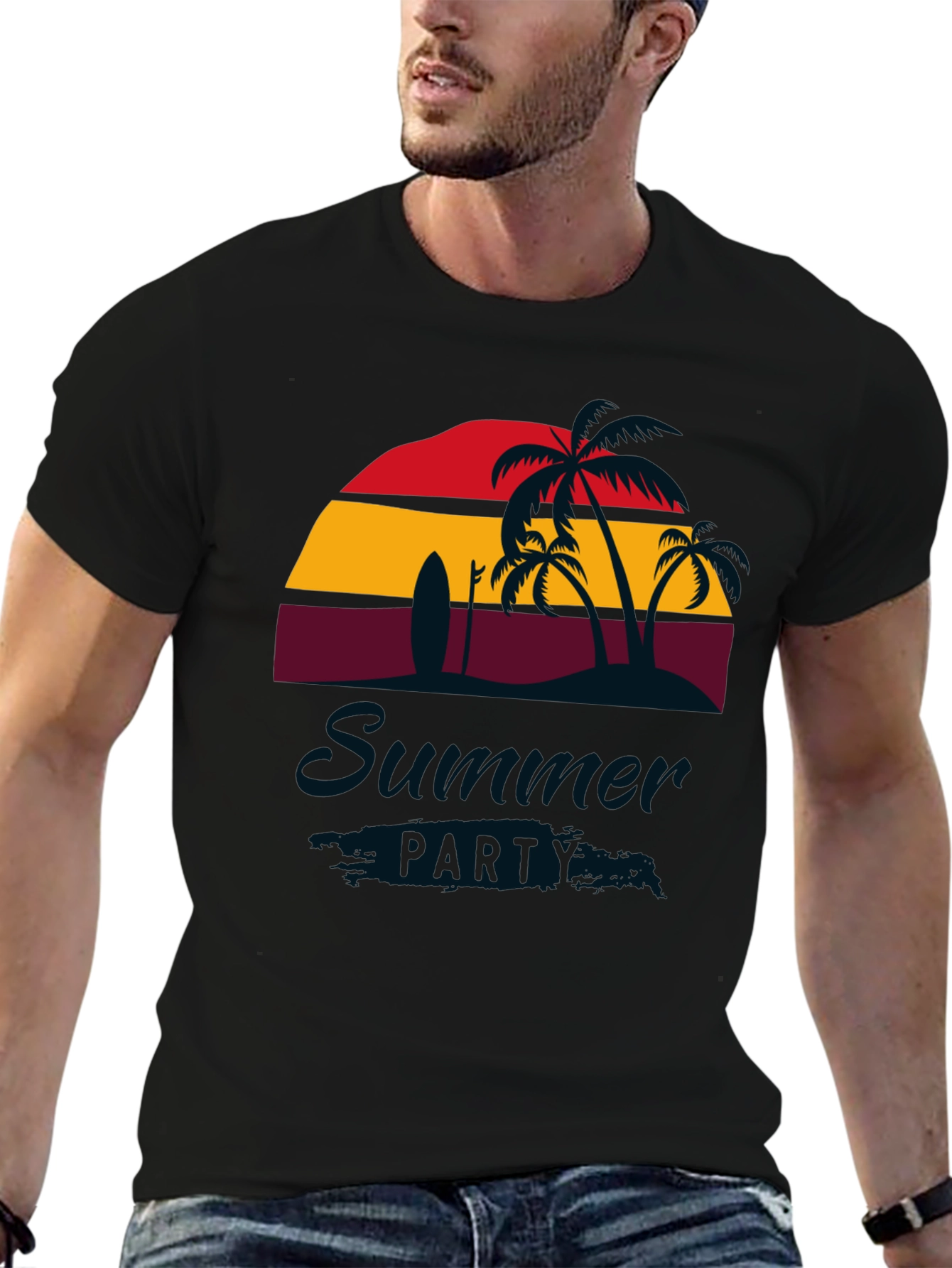 Summer Party Black T-Shirt with Palm Trees