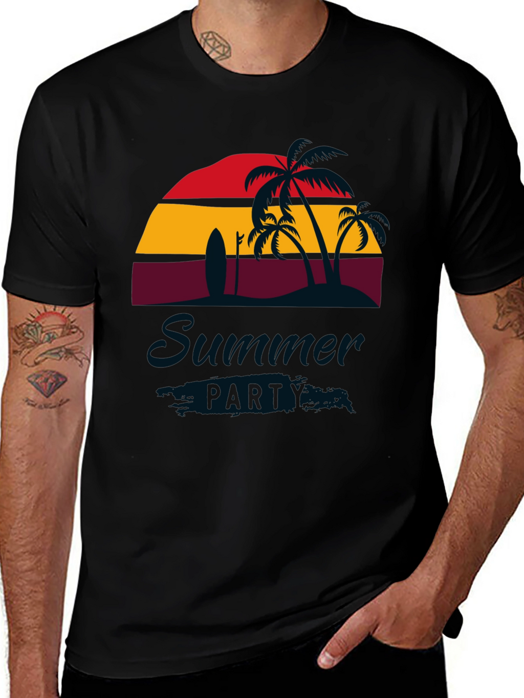Summer Party Black T-Shirt with Palm Trees