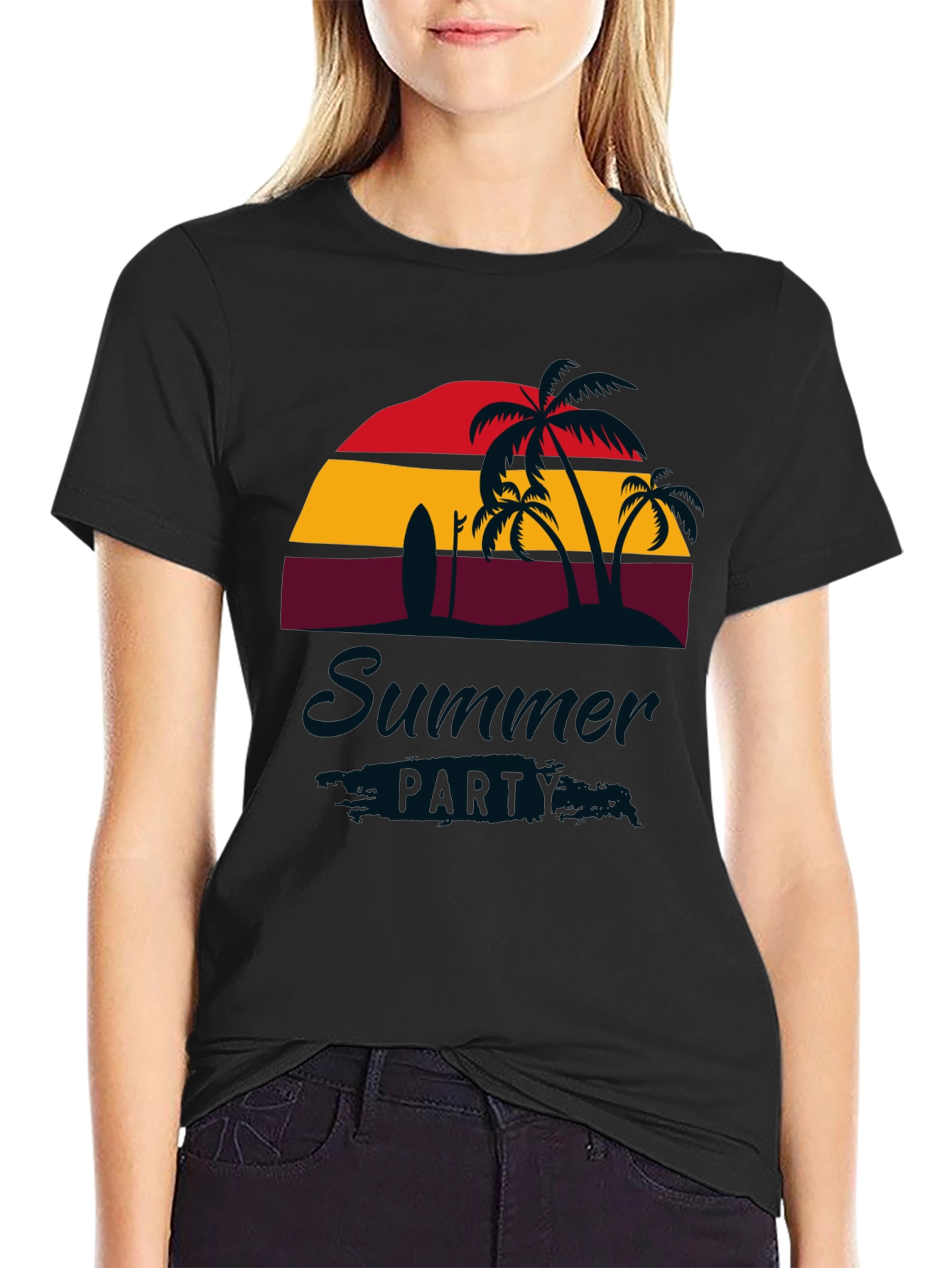 Summer Party Black T-Shirt with Palm Trees