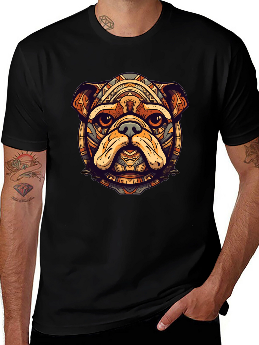 Bulldog Tribal Art Black T-Shirt