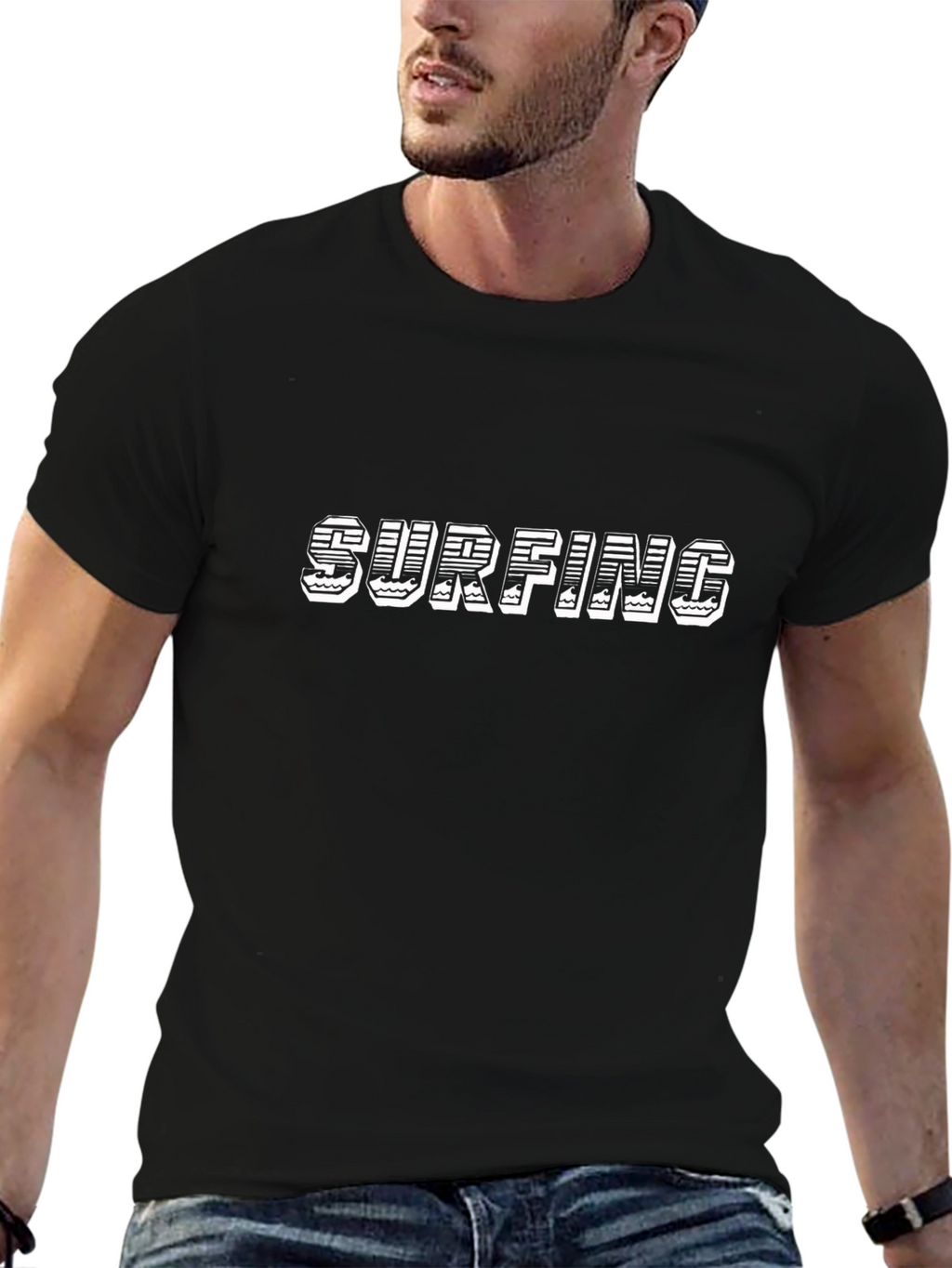 Surfing Graphic Tee - Black Cotton T-Shirt