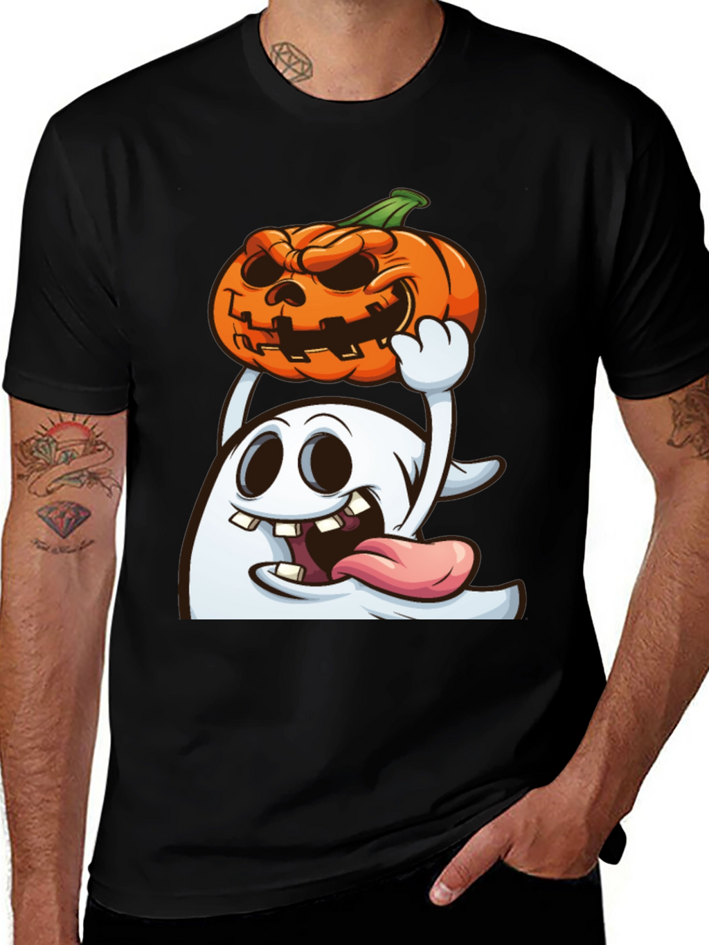 Spooky Ghost & Pumpkin Graphic Tee - Halloween Shirt
