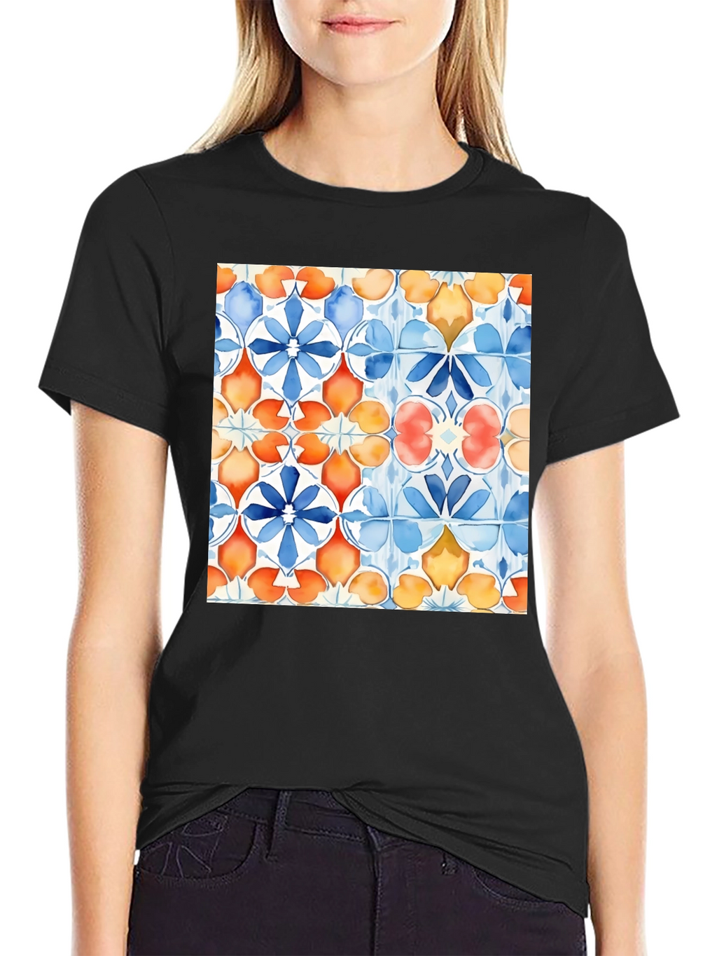Azulejo Style Graphic Tee - Trendy Black T-Shirt