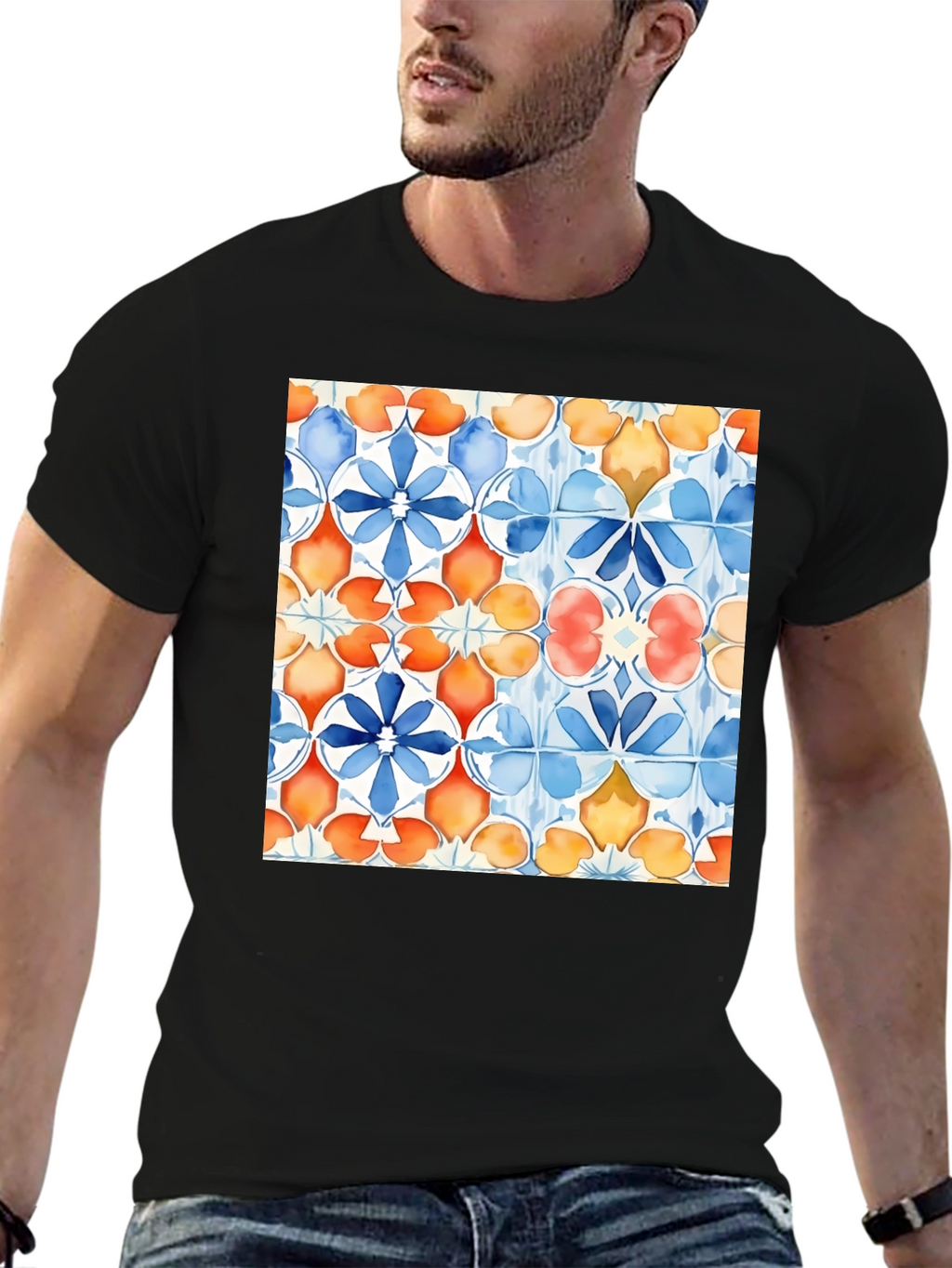 Azulejo Style Graphic Tee - Trendy Black T-Shirt