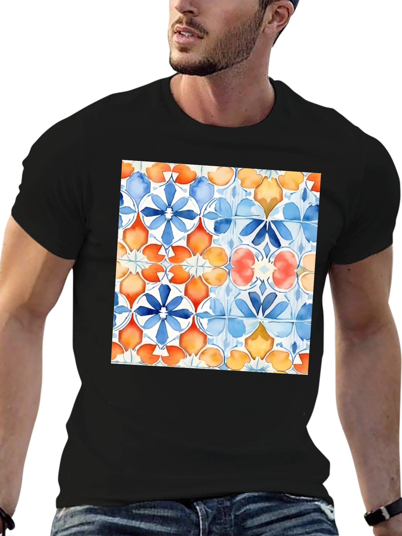 Azulejo Style Graphic Tee - Trendy Black T-Shirt