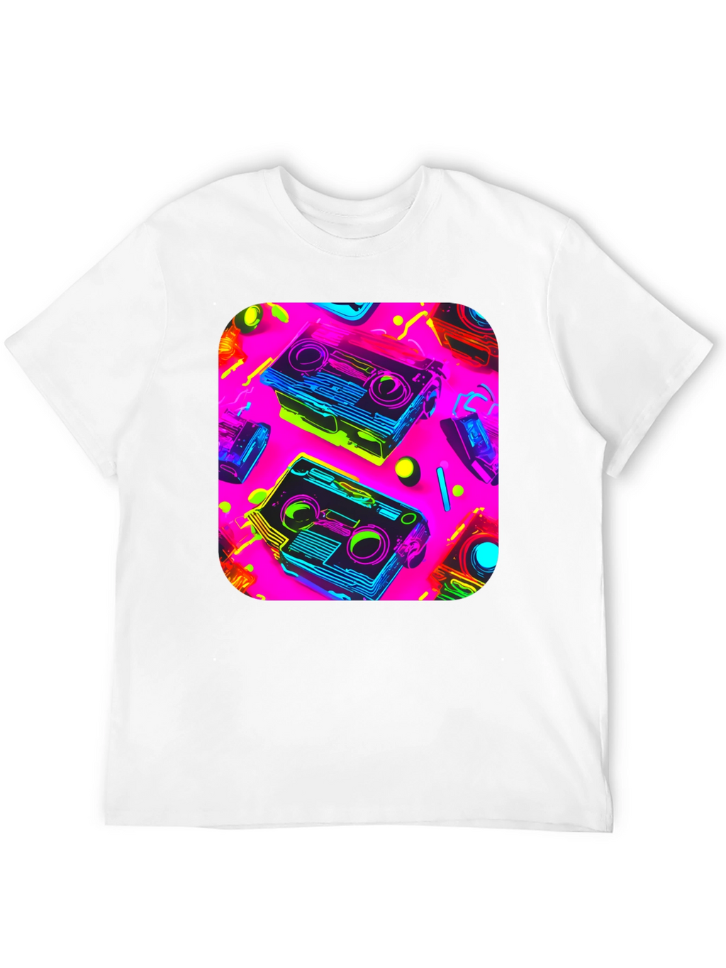 Retro Cassette Graphic Tee - 80s Neon Style
