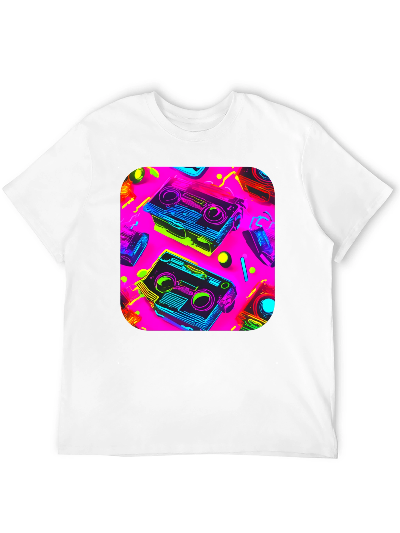 Retro Cassette Graphic Tee - 80s Neon Style