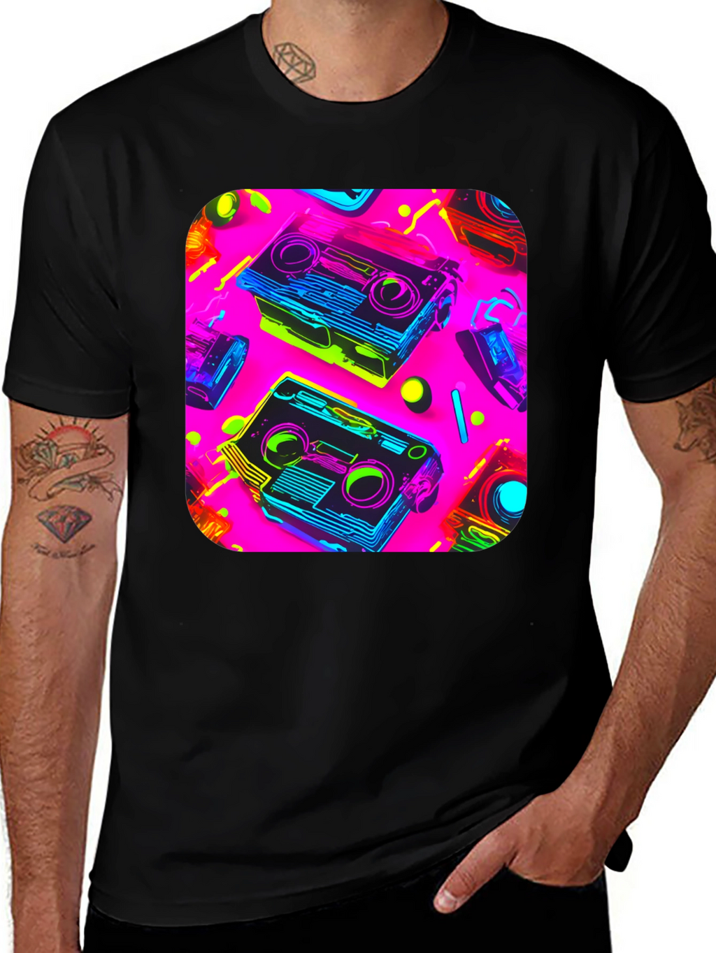 Retro Cassette Graphic Tee - 80s Neon Style