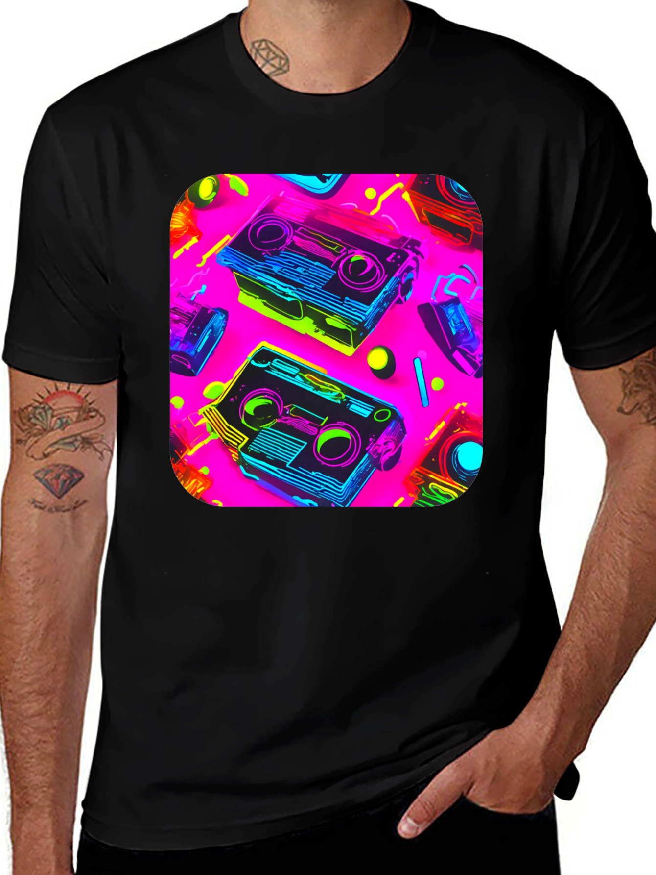 Retro Cassette Graphic Tee - 80s Neon Style