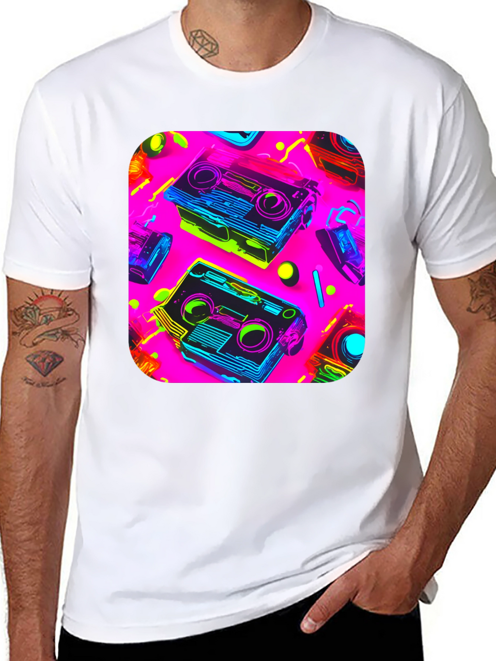 Retro Cassette Graphic Tee - 80s Neon Style