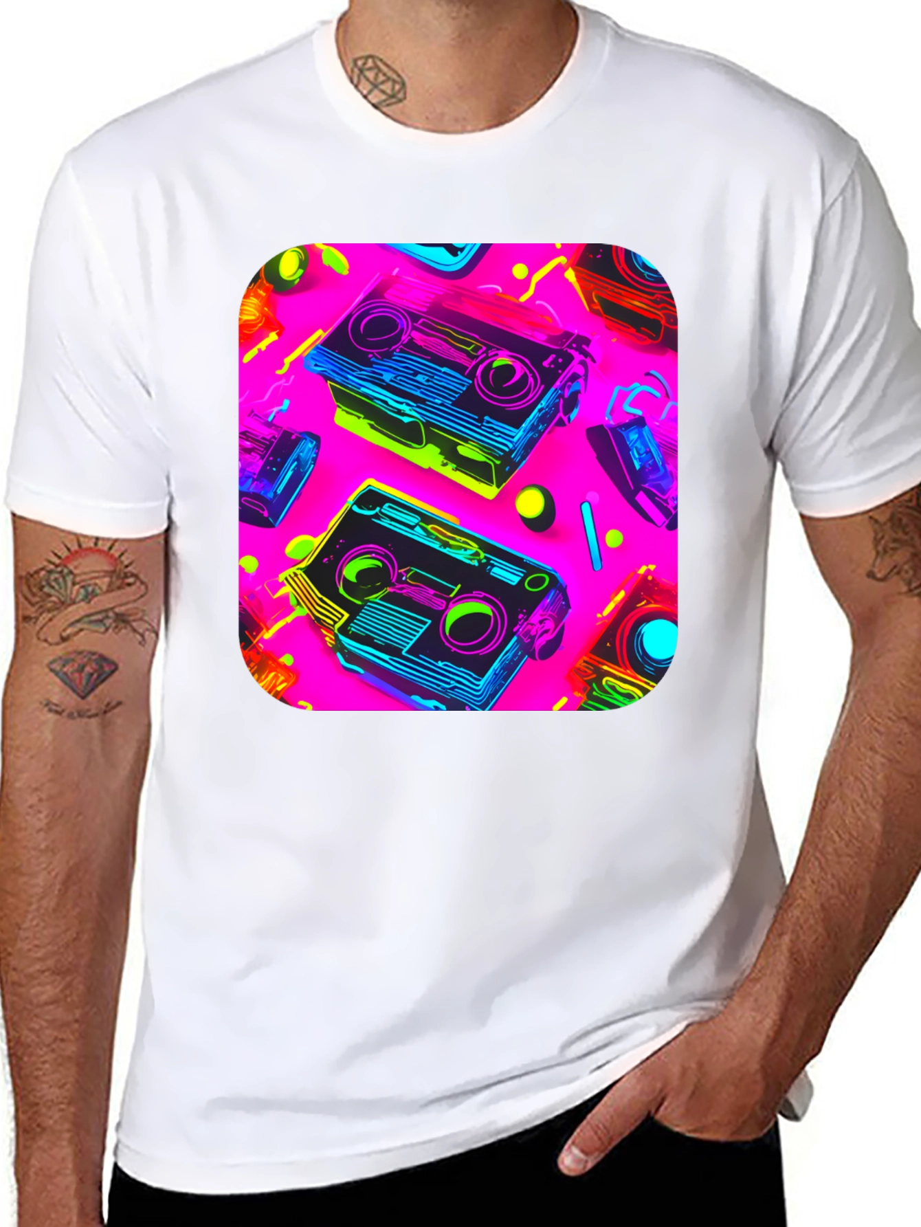 Retro Cassette Graphic Tee - 80s Neon Style