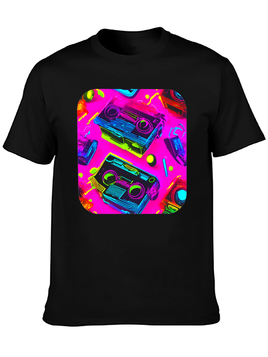 Retro Cassette Graphic Tee - 80s Neon Style