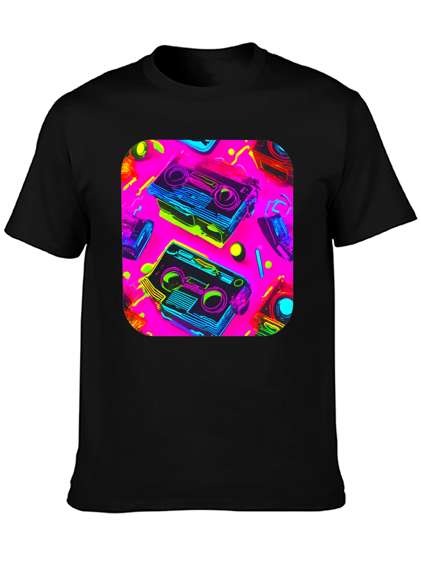 Retro Cassette Graphic Tee - 80s Neon Style