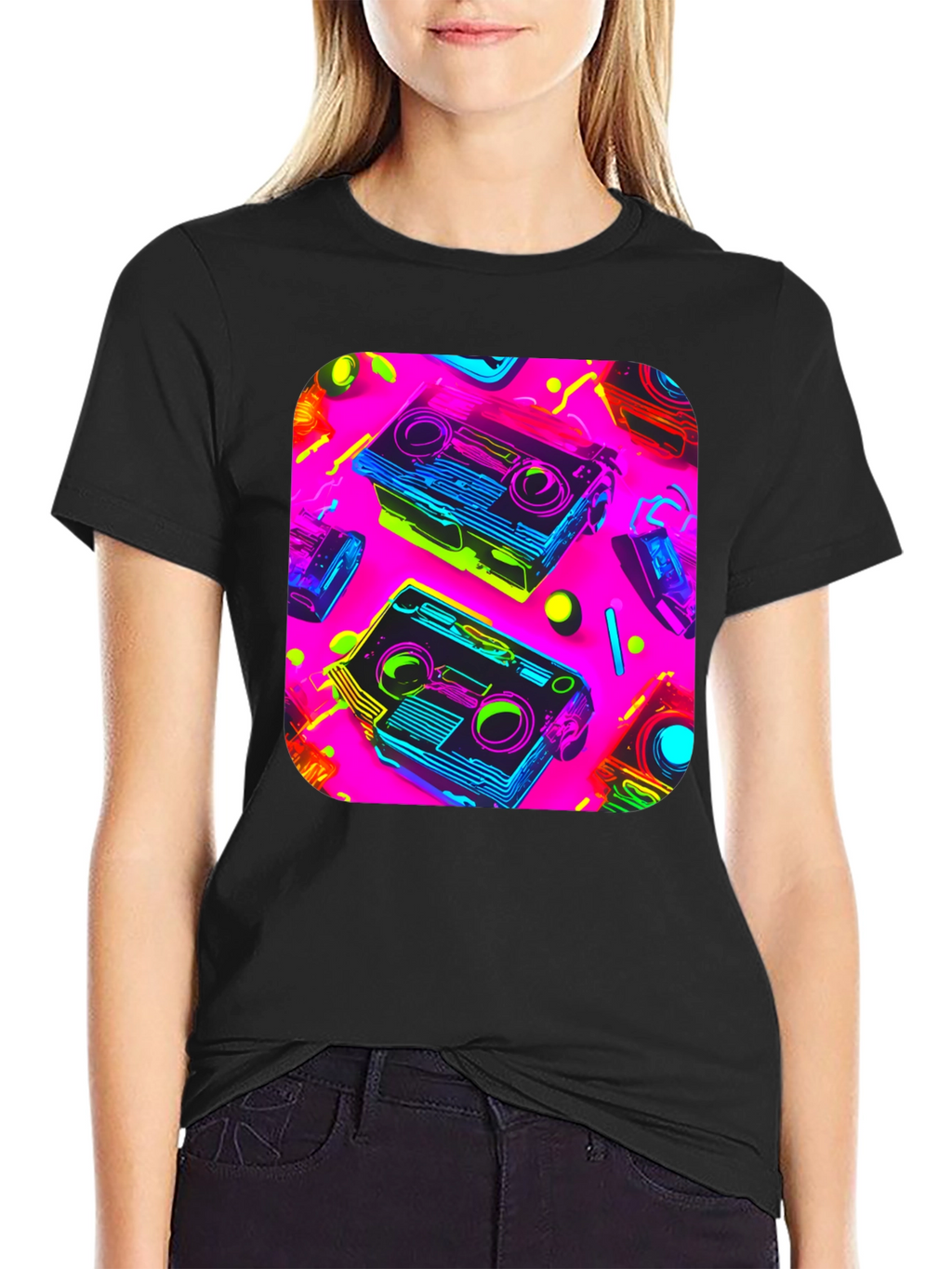 Retro Cassette Graphic Tee - 80s Neon Style