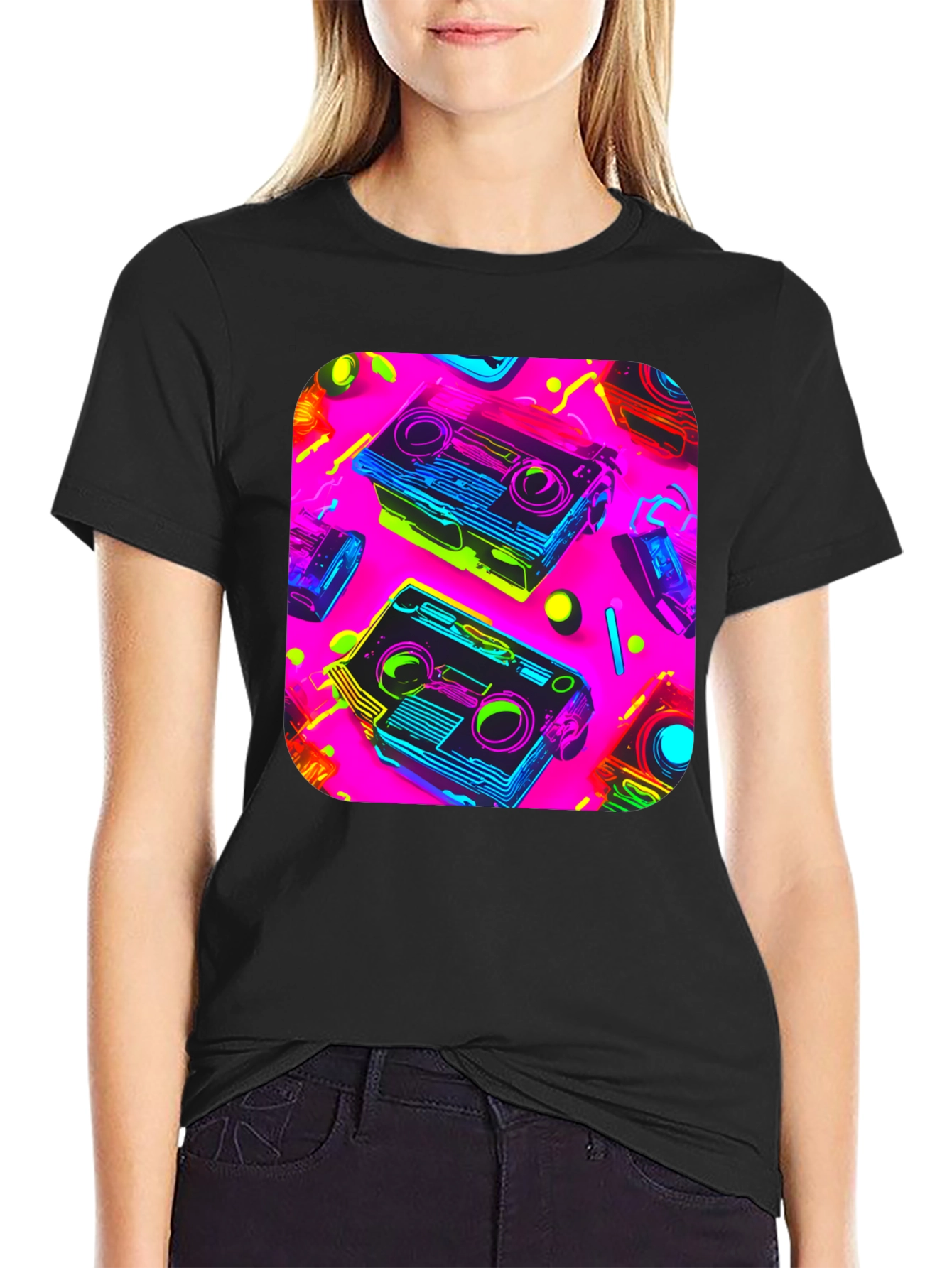 Retro Cassette Graphic Tee - 80s Neon Style
