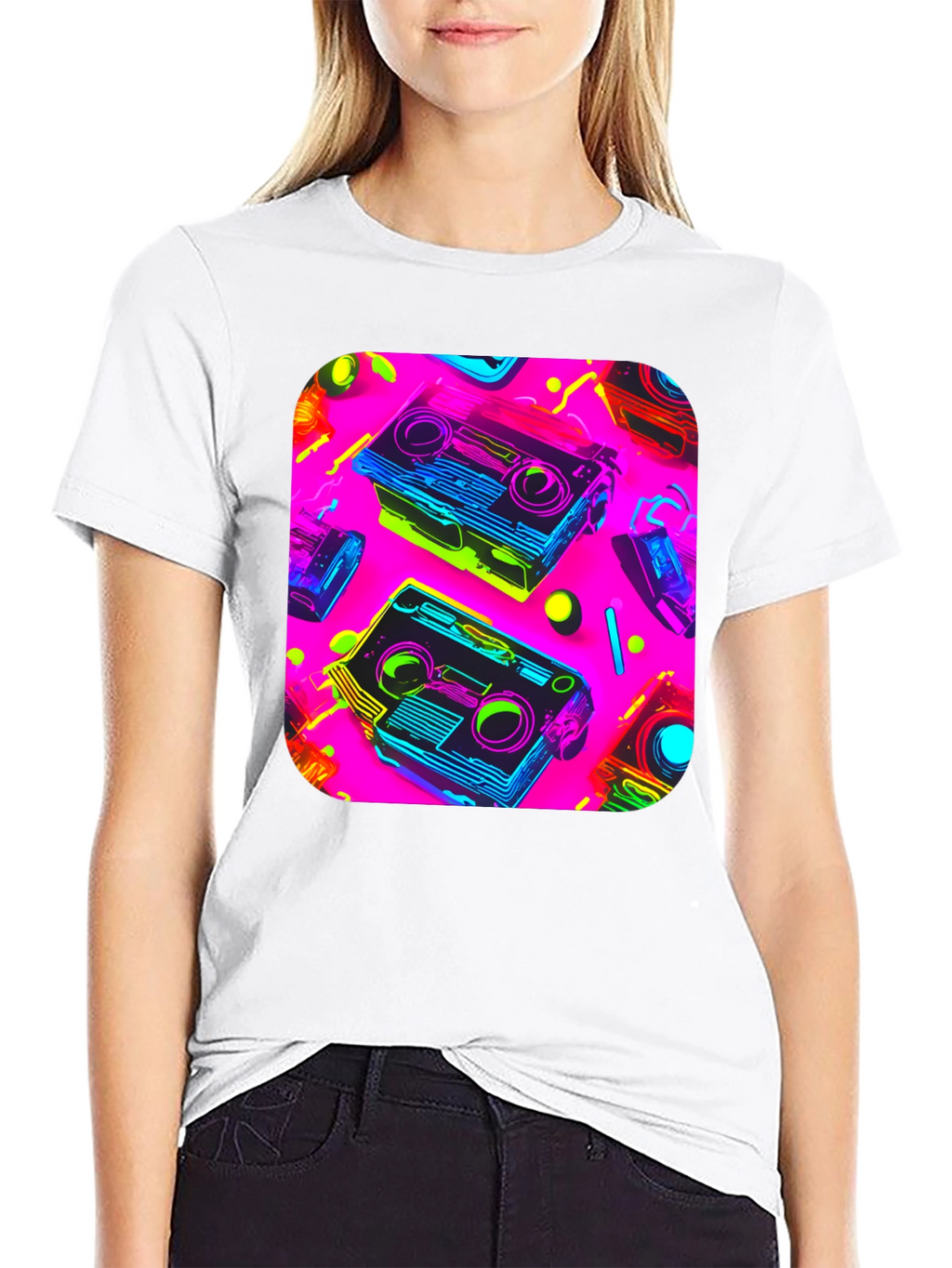 Retro Cassette Graphic Tee - 80s Neon Style