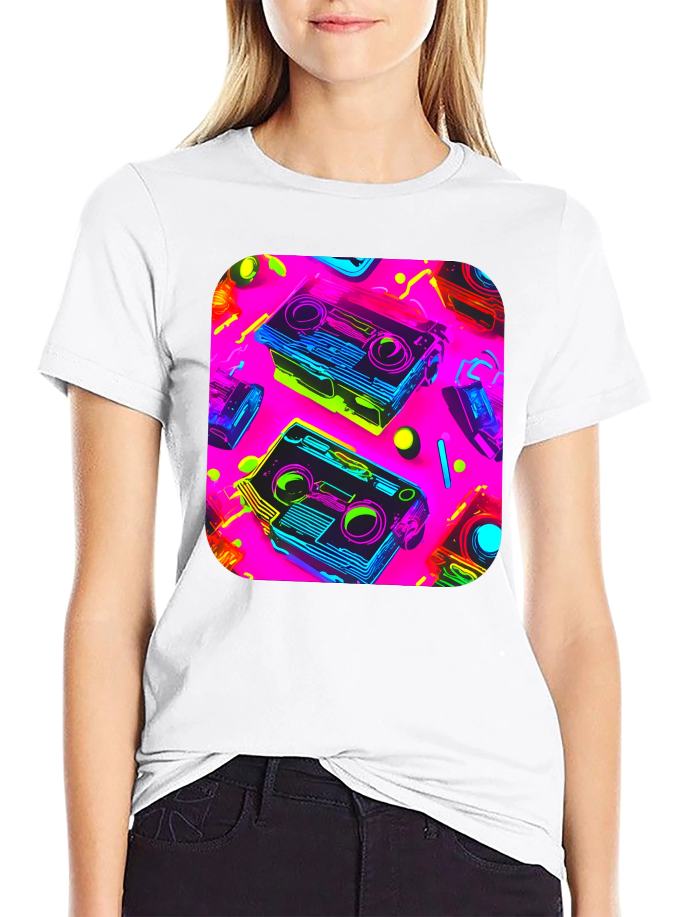 Retro Cassette Graphic Tee - 80s Neon Style