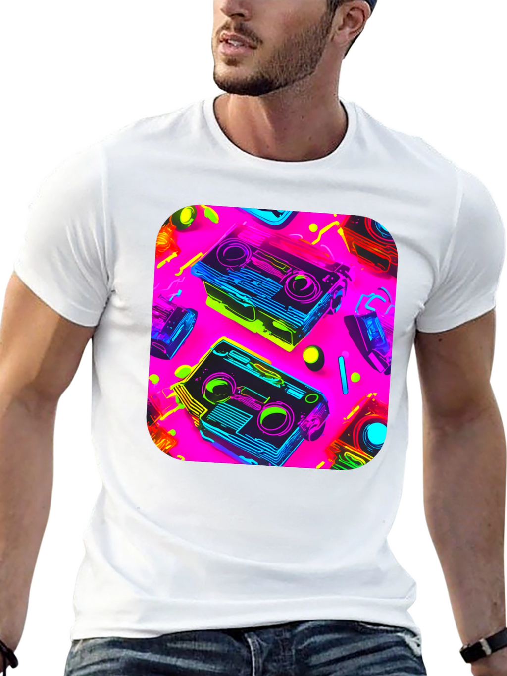 Retro Cassette Graphic Tee - 80s Neon Style