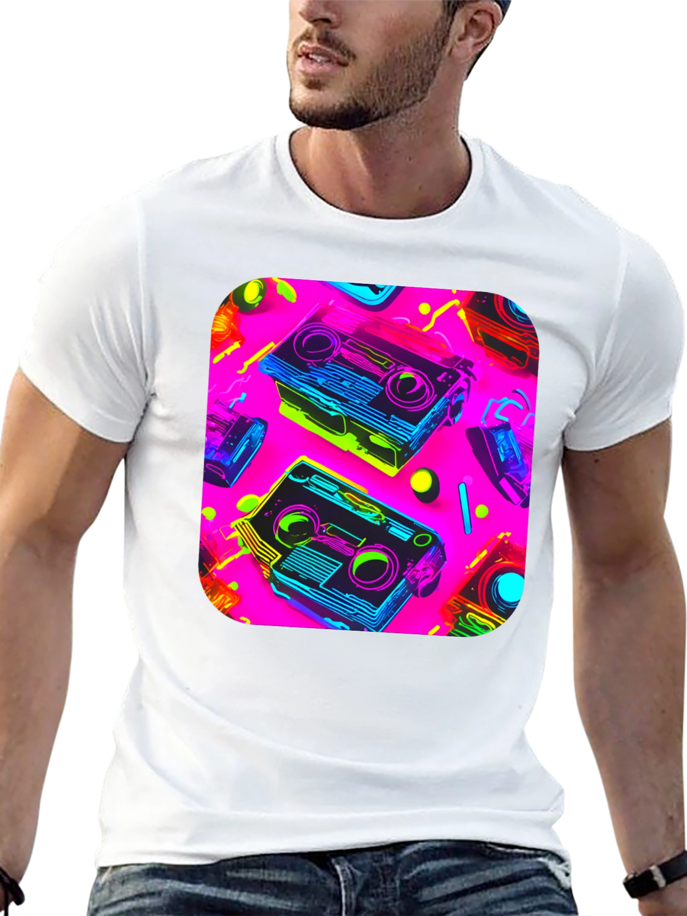 Retro Cassette Graphic Tee - 80s Neon Style