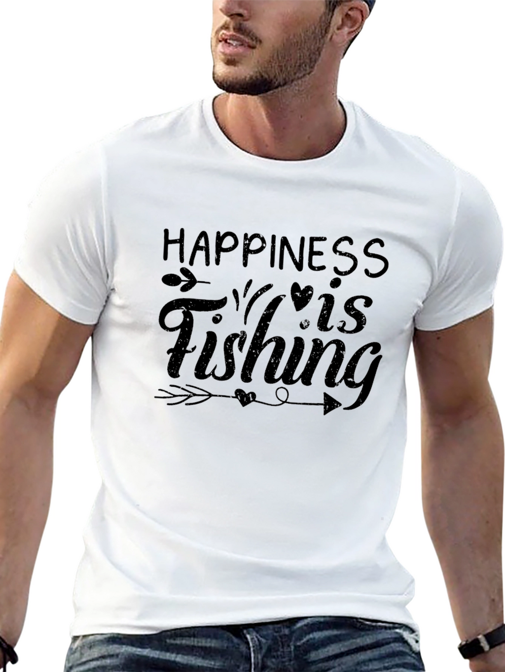 Happiness is Fishing Black Graphic T-Shirt