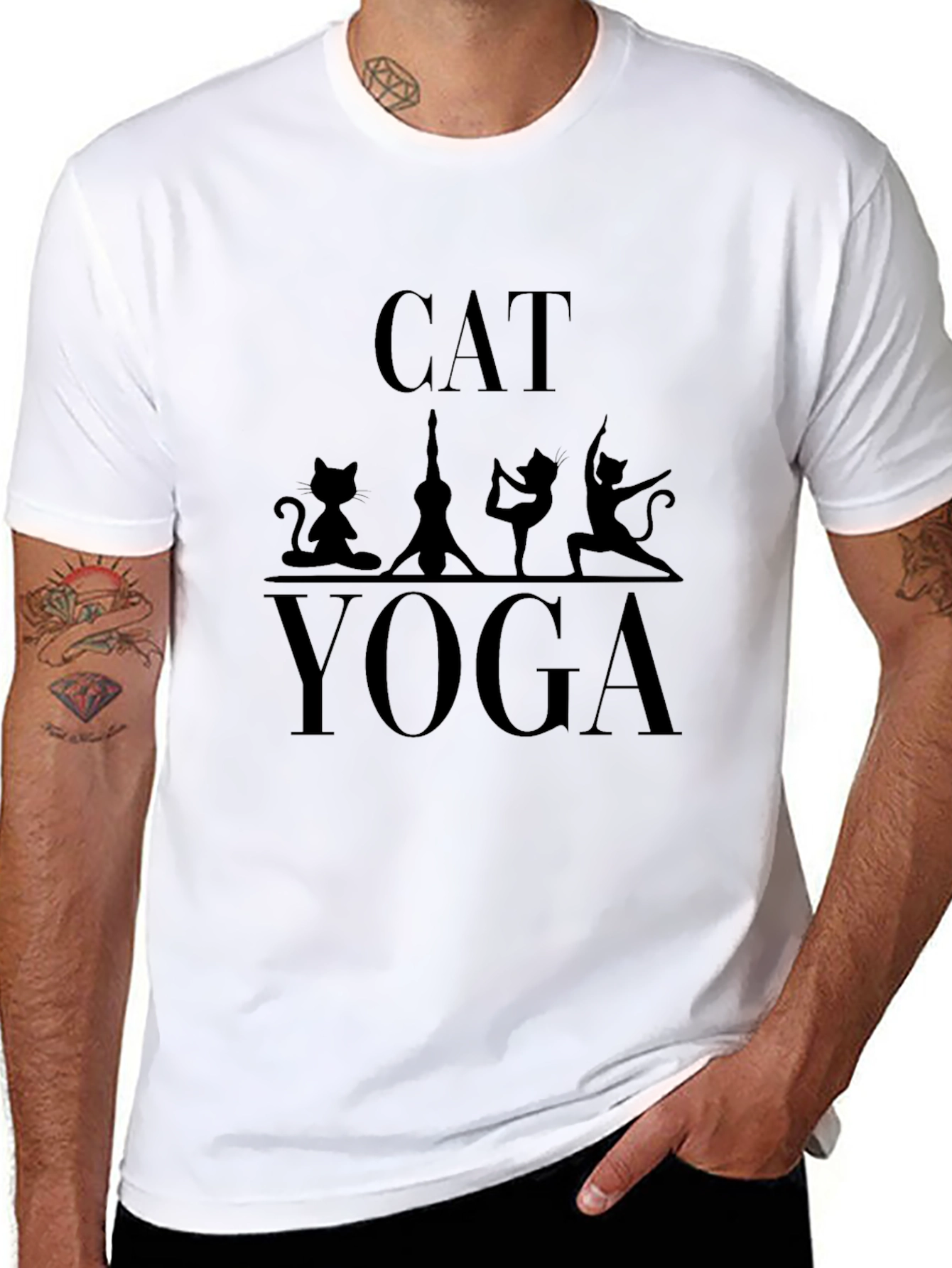 Cat Yoga Graphic Tee - Comfortable Black Cotton T-Shirt