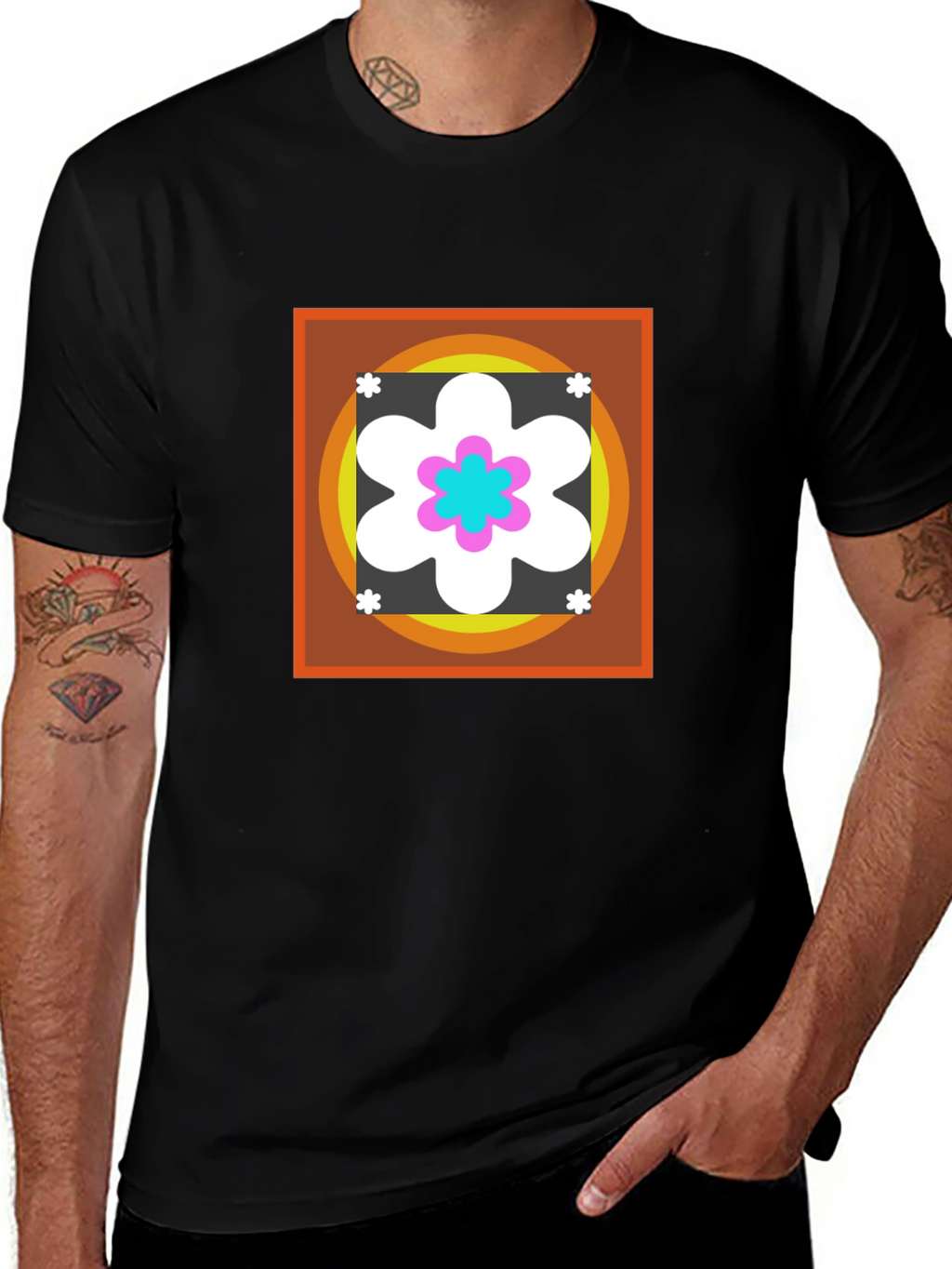 Retro Flower Graphic Tee - Black Cotton Blend
