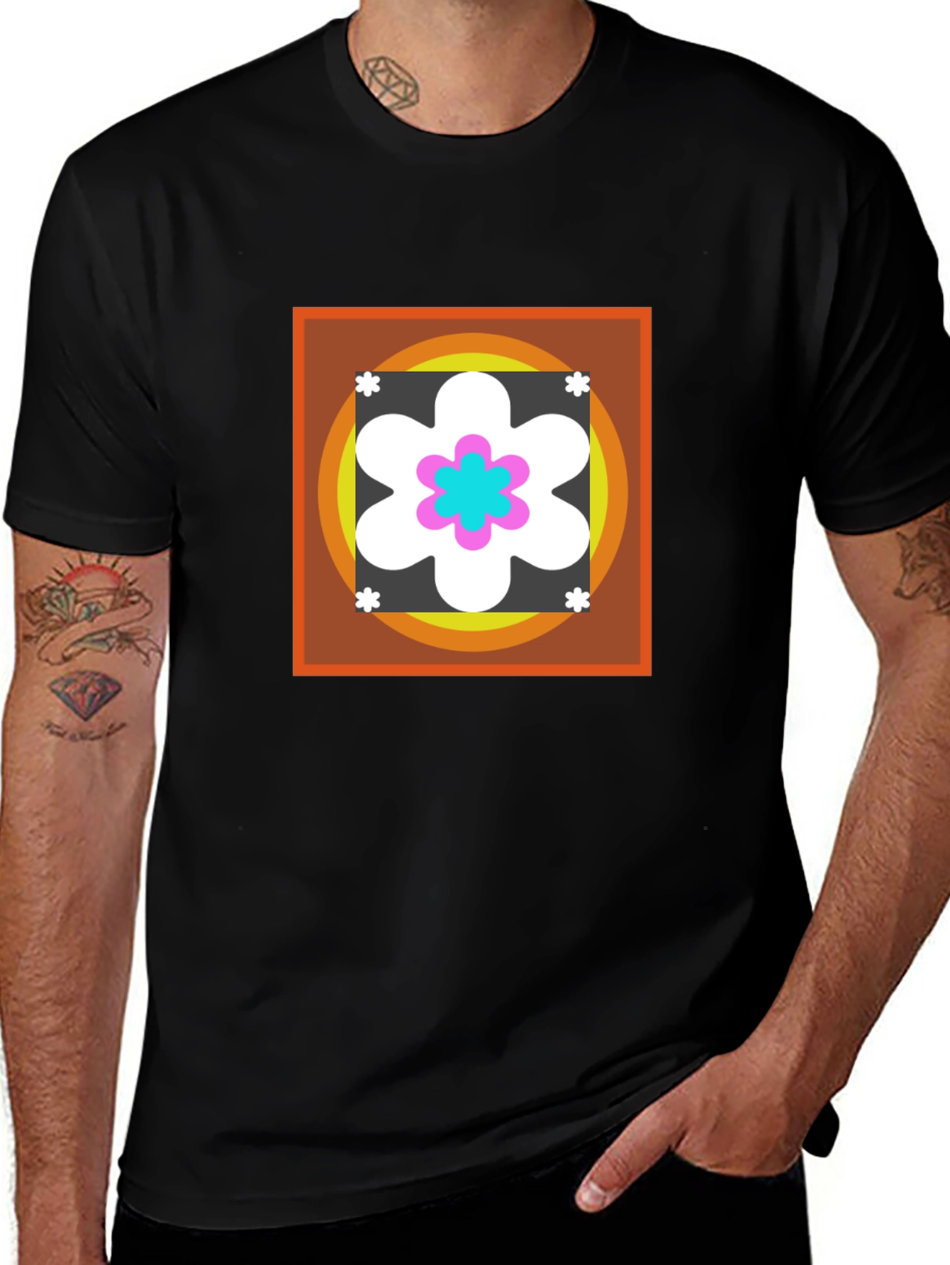 Retro Flower Graphic Tee - Black Cotton Blend