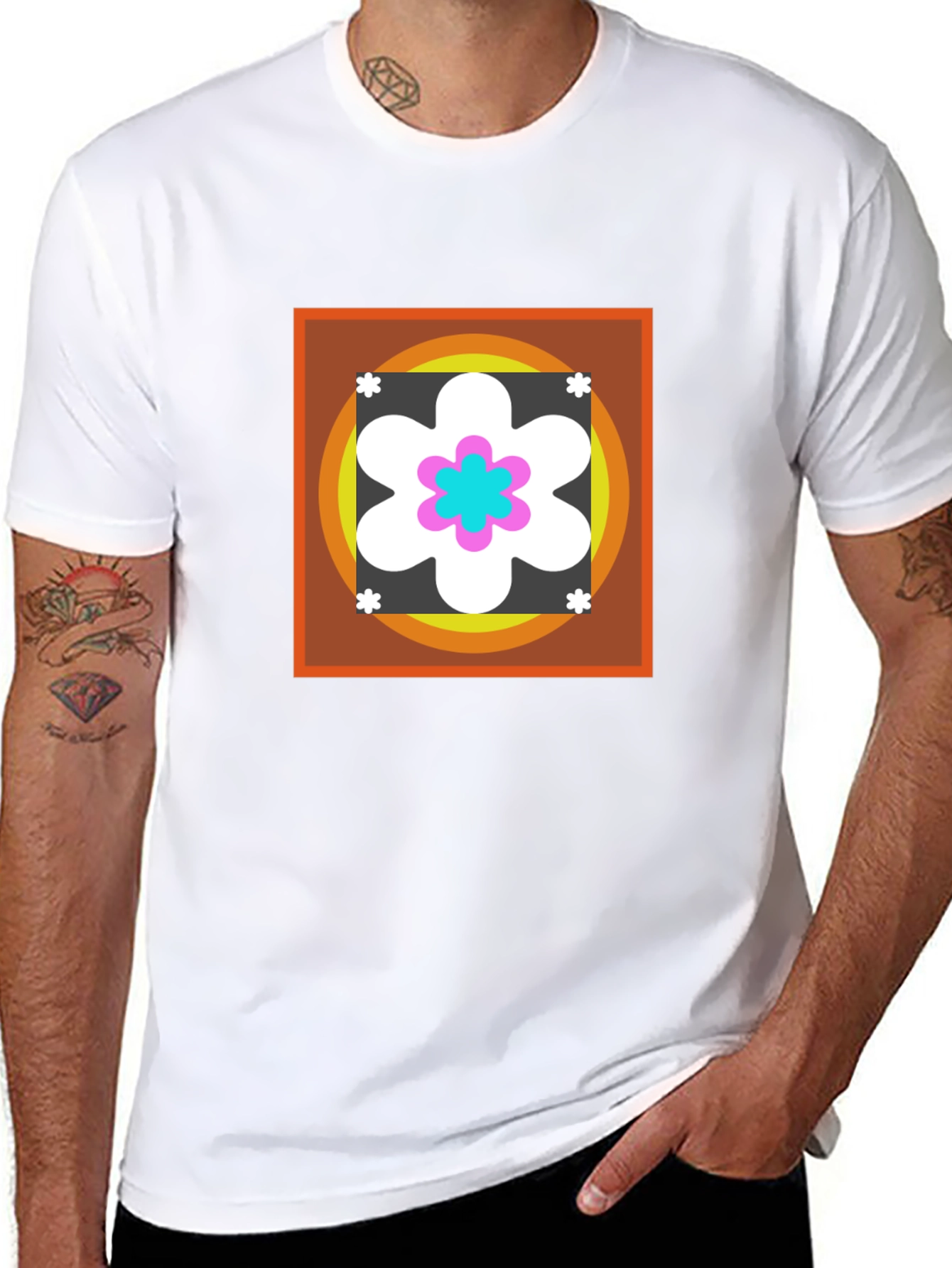 Retro Flower Graphic Tee - Black Cotton Blend