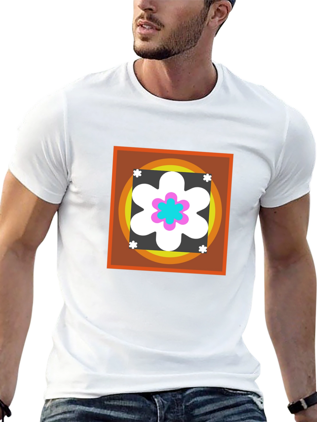 Retro Flower Graphic Tee - Black Cotton Blend