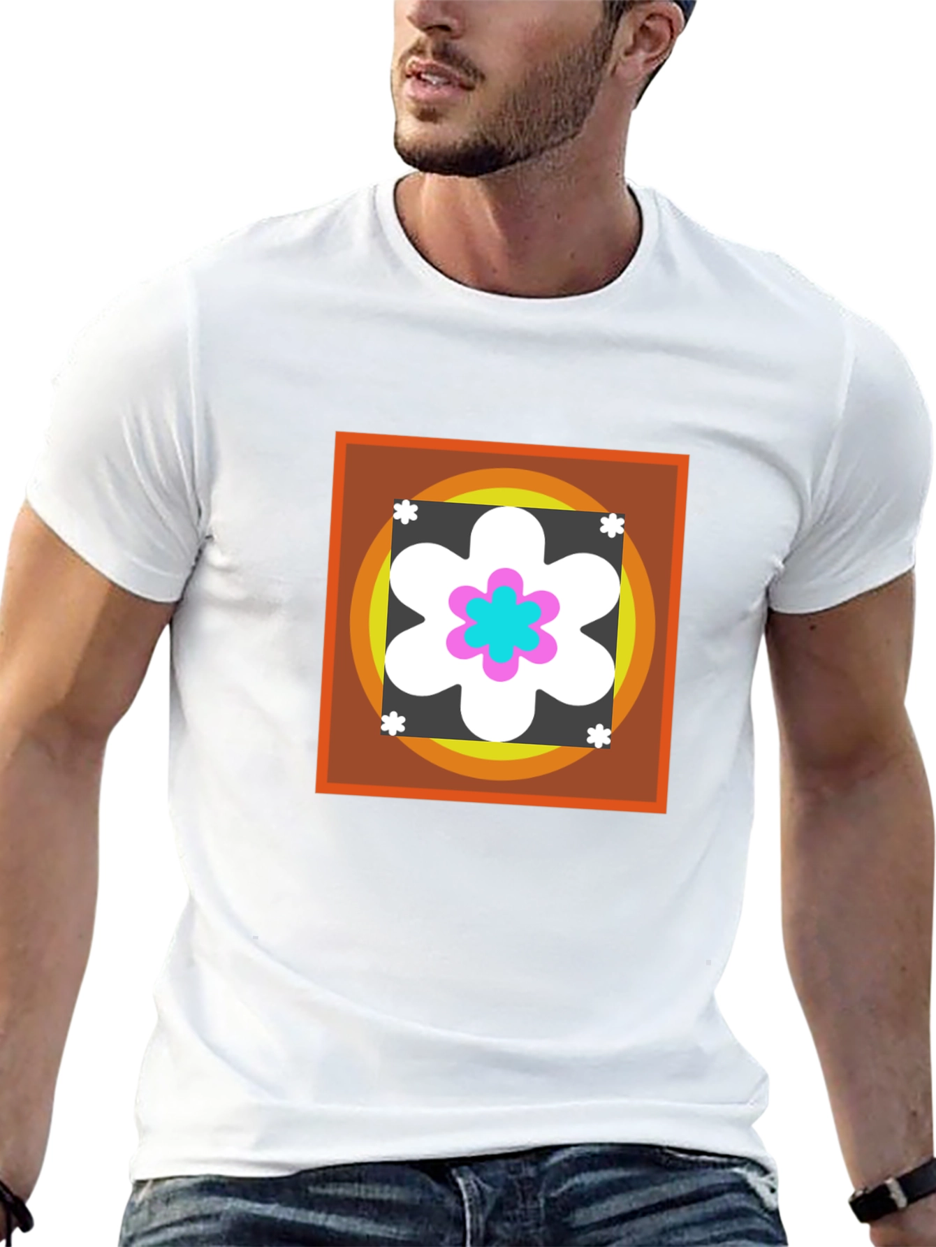 Retro Flower Graphic Tee - Black Cotton Blend