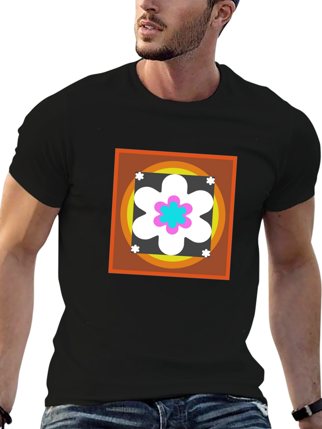 Retro Flower Graphic Tee - Black Cotton Blend