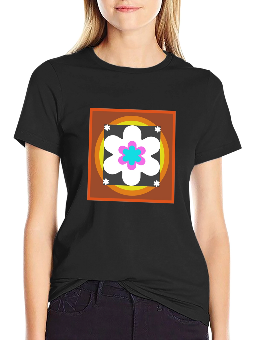 Retro Flower Graphic Tee - Black Cotton Blend
