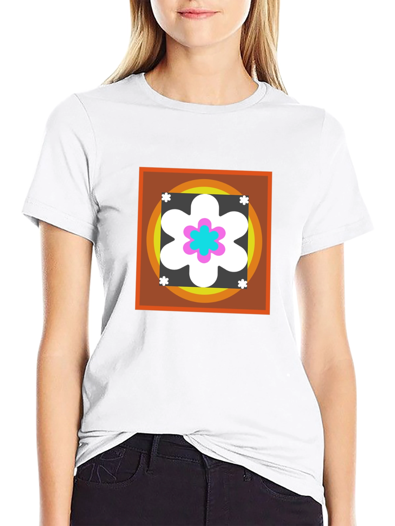 Retro Flower Graphic Tee - Black Cotton Blend