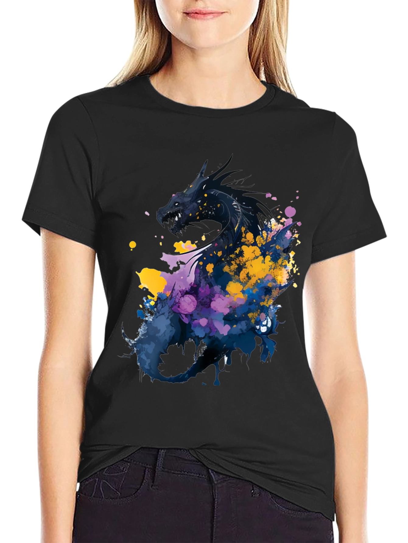 Dragon Art Graphic Print Black T-Shirt