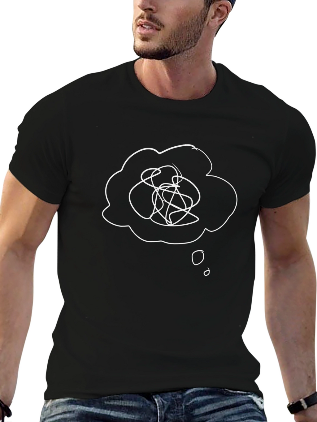 Mens Black T-Shirt with Confused Thought Bubble Graphic