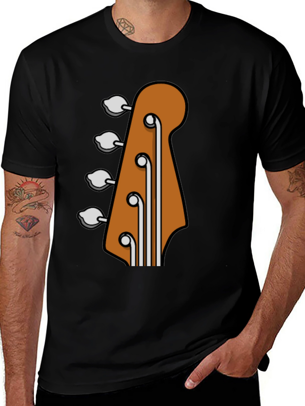 Bass Guitar Headstock Graphic Tee - Black Cotton T-Shirt