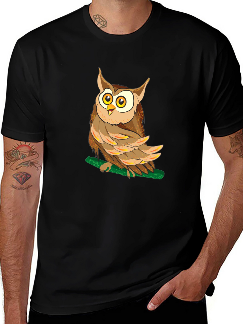 Owl Graphic Black T-Shirt - Mens Crew Neck Tee
