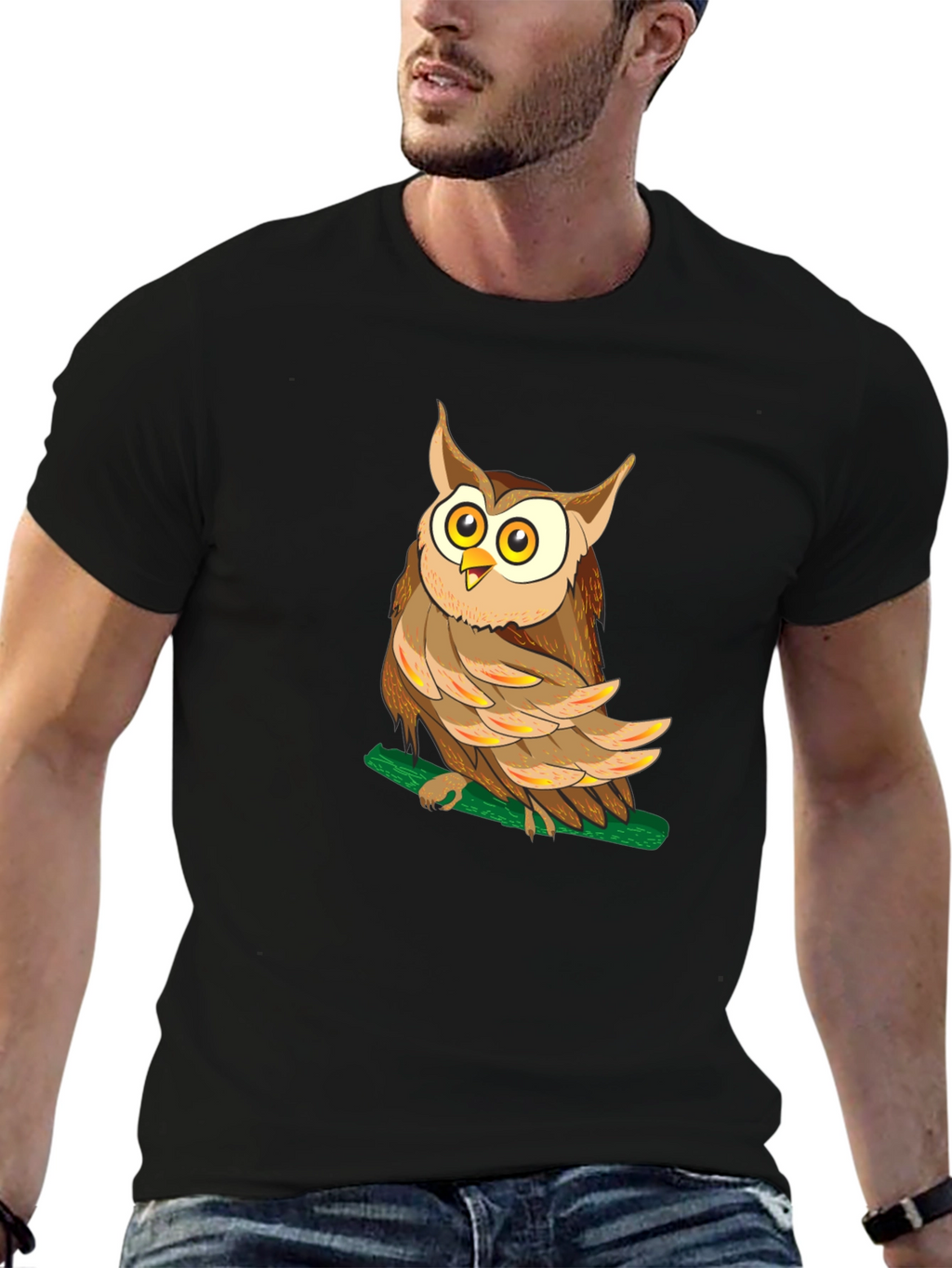 Owl Graphic Black T-Shirt - Mens Crew Neck Tee