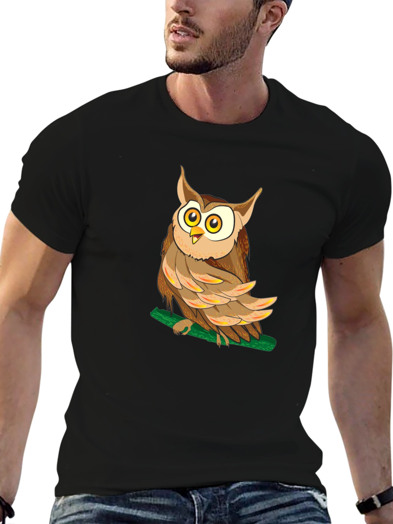 Owl Graphic Black T-Shirt - Mens Crew Neck Tee