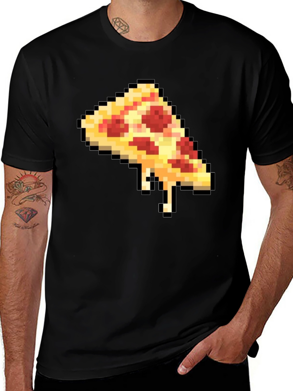 Pixel Pizza Slice Graphic Tee - Black Casual T-Shirt