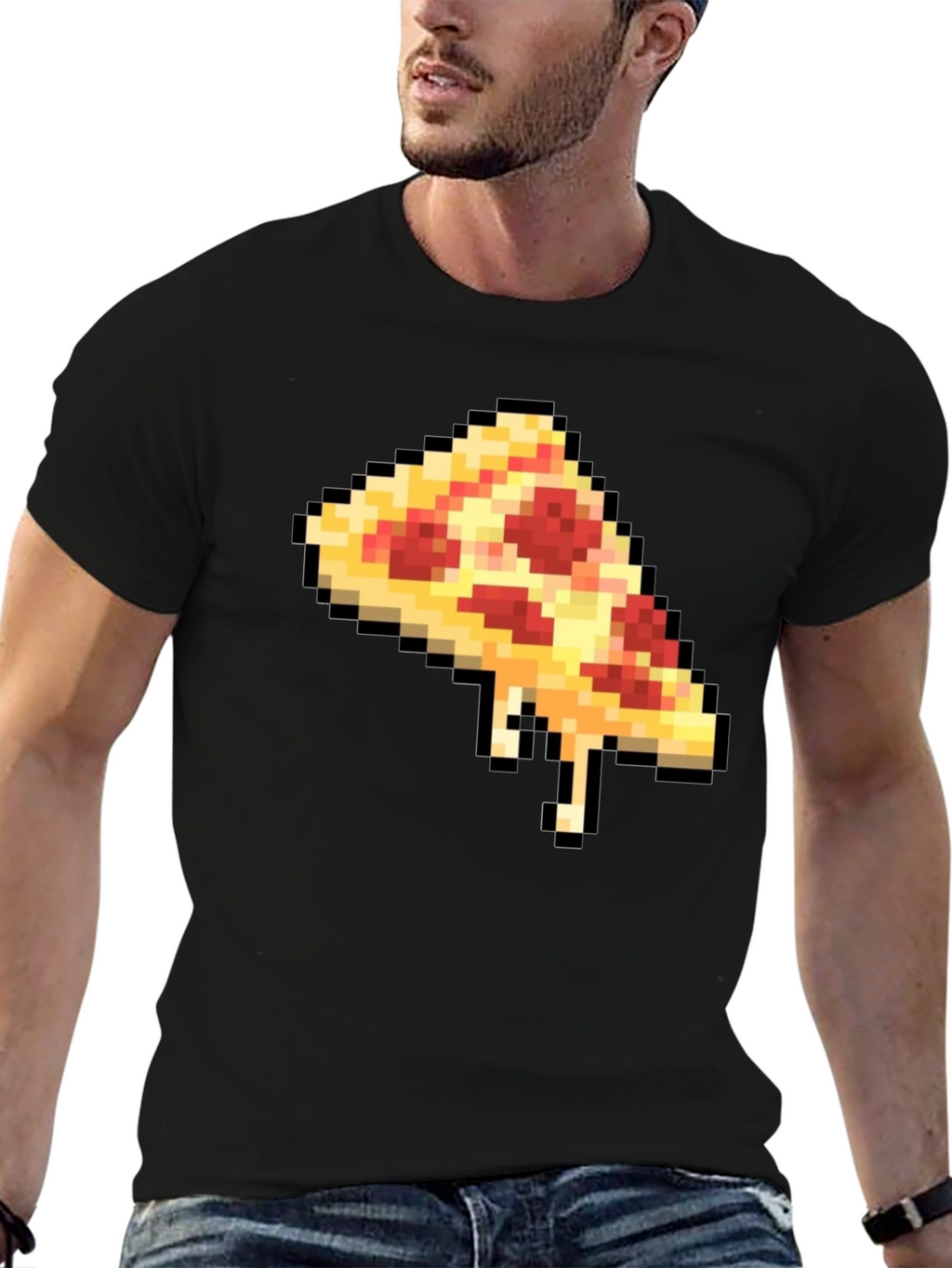 Pixel Pizza Slice Graphic Tee - Black Casual T-Shirt