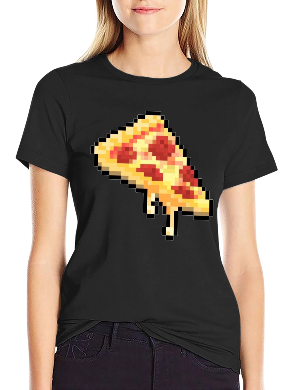 Pixel Pizza Slice Graphic Tee - Black Casual T-Shirt
