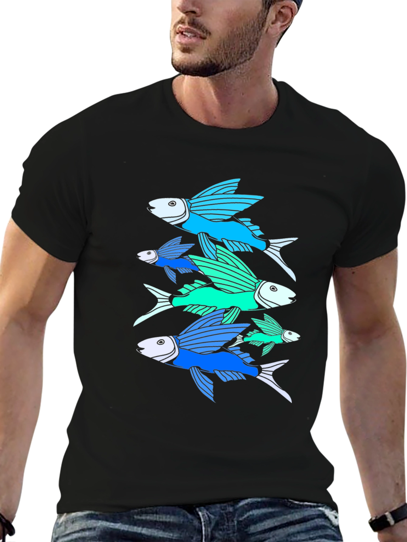 Flying Fish Graphic Tee - Black Cotton T-Shirt