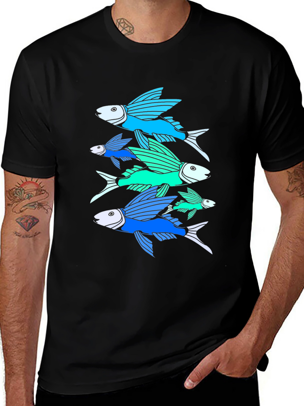 Flying Fish Graphic Tee - Black Cotton T-Shirt