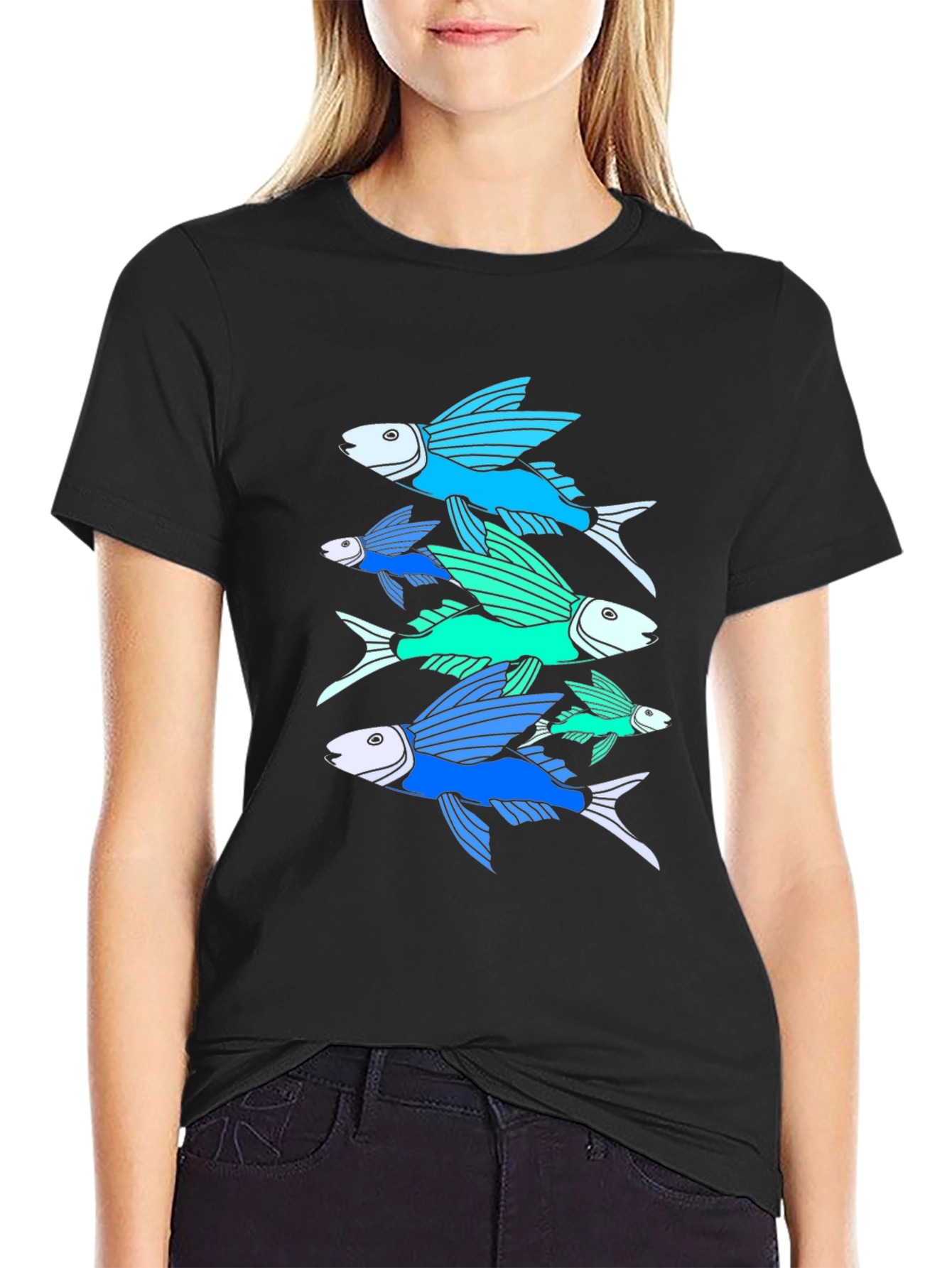 Flying Fish Graphic Tee - Black Cotton T-Shirt