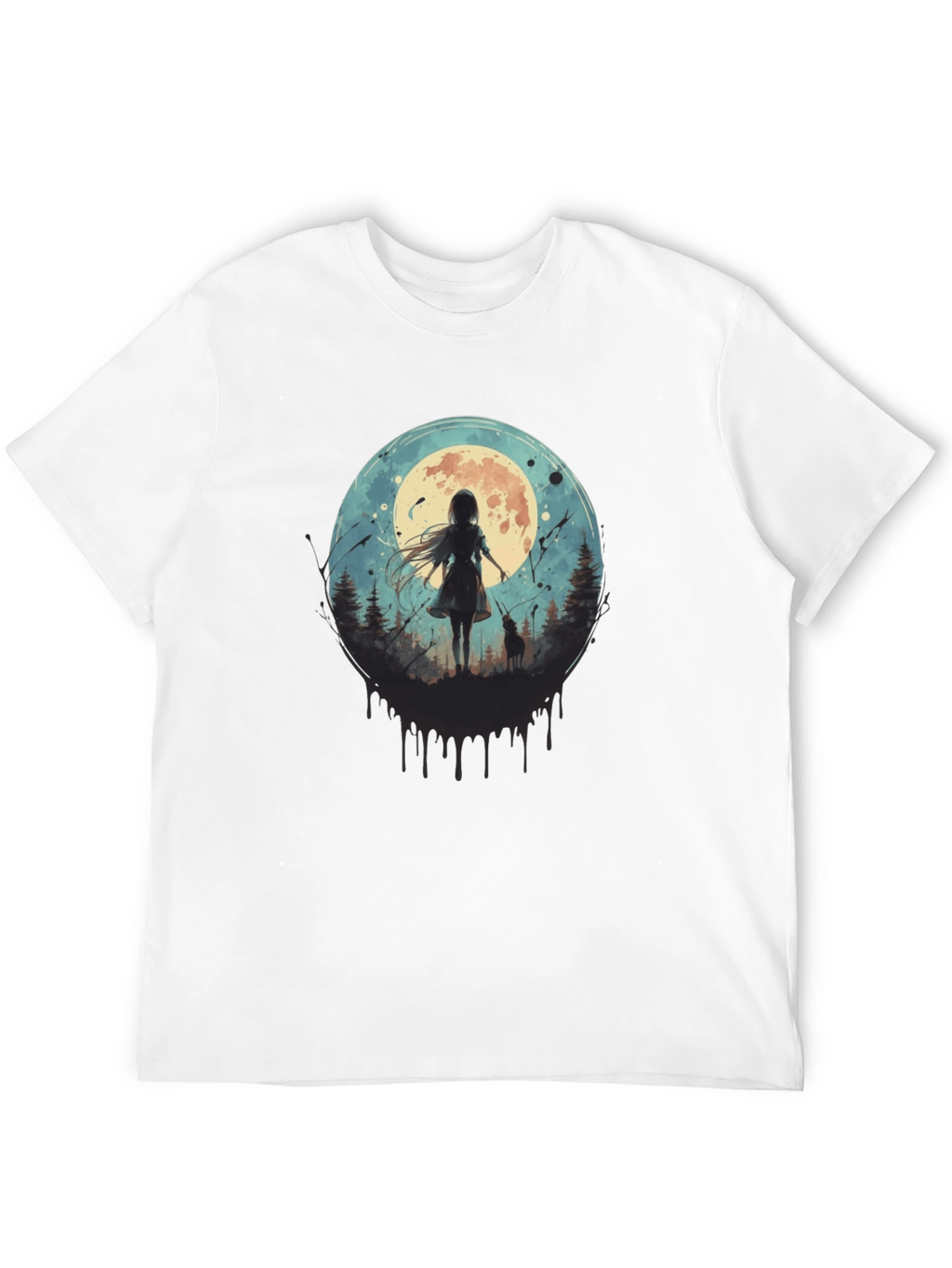Moonlit Girl & Wolf Graphic Tee - Black